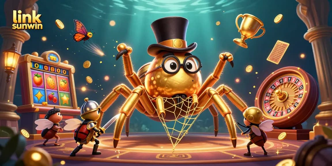Experience thrilling gameplay at link sunwin with a rich casino scene featuring a golden tarantula and a beetle knight.