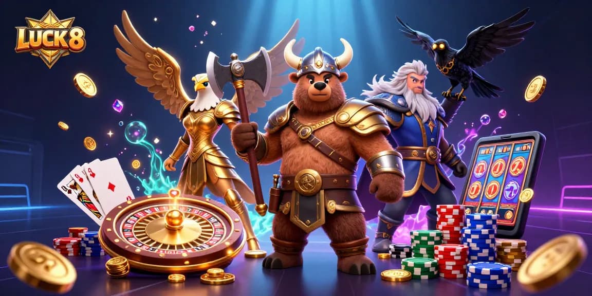 ENGAGE in the excitement of LUCK 8 with a dynamic casino-themed illustration featuring vibrant characters and game elements.
