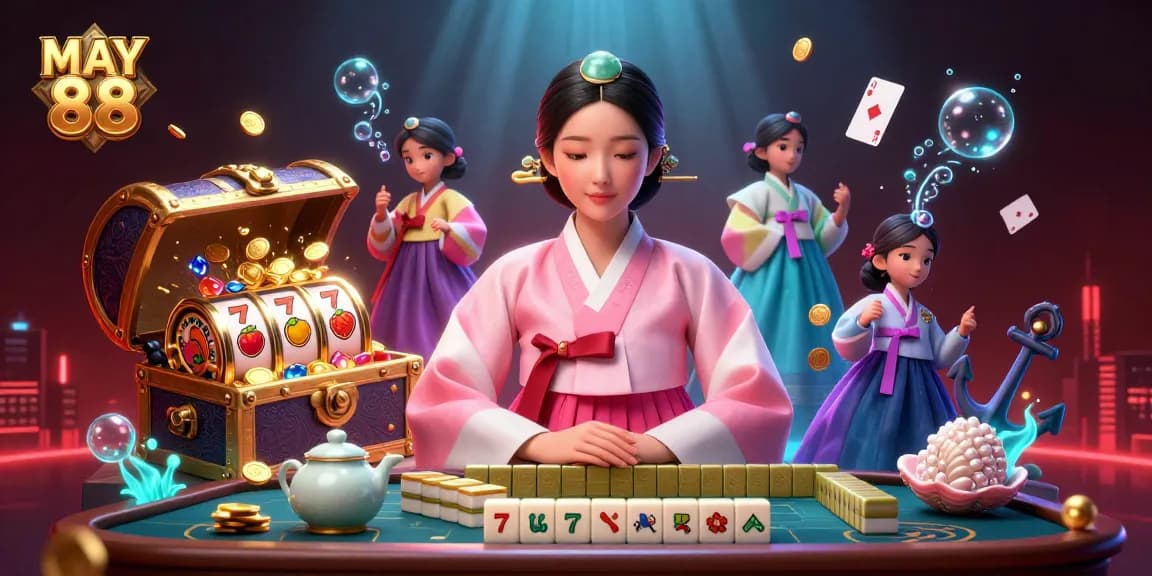 MAY 88 showcases a captivating scene of an elegant Asian woman in a serene casino setting, featuring floating playing cards and slot machines.