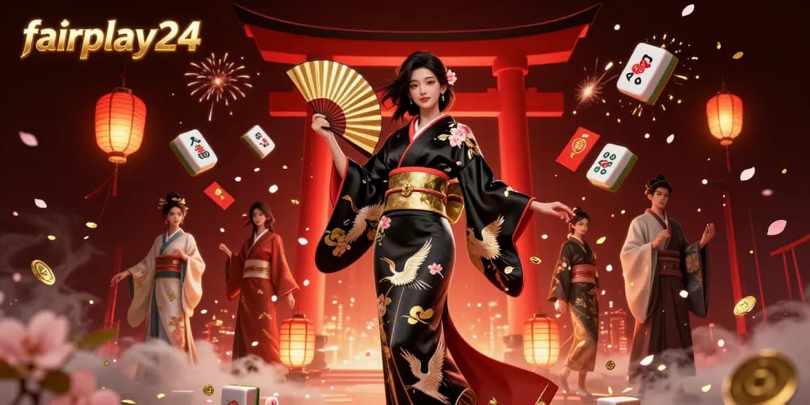 Win big with fairplay24 at this vibrant online casino featuring a stunning Asian woman and rich gaming elements.