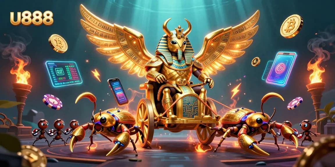 Engage in thrilling casino action with u888's vibrant 3D illustration showcasing golden characters and crypto elements.