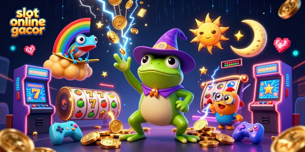 Memenangkan jackpot dengan slot online gacor sambil dikelilingi oleh simbol-simbol keberuntungan dan karakter 3D yang menarik.