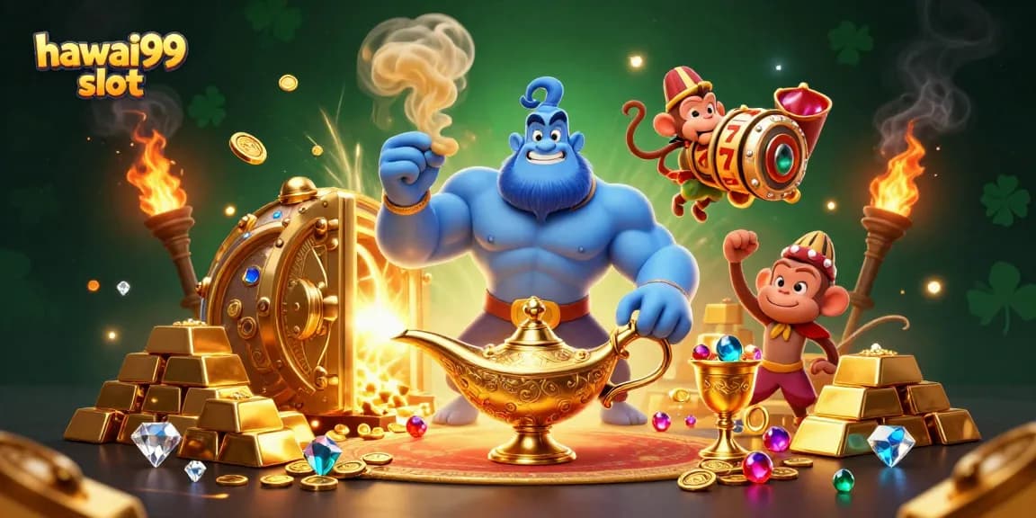 Experience winning moments with hawai99 slot in a vibrant 3D casino illustration.