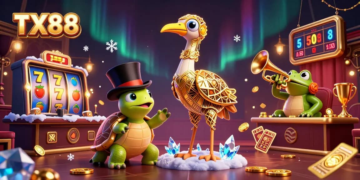 Engage with TX88 in an entertaining casino scene featuring lively characters and dynamic game elements.