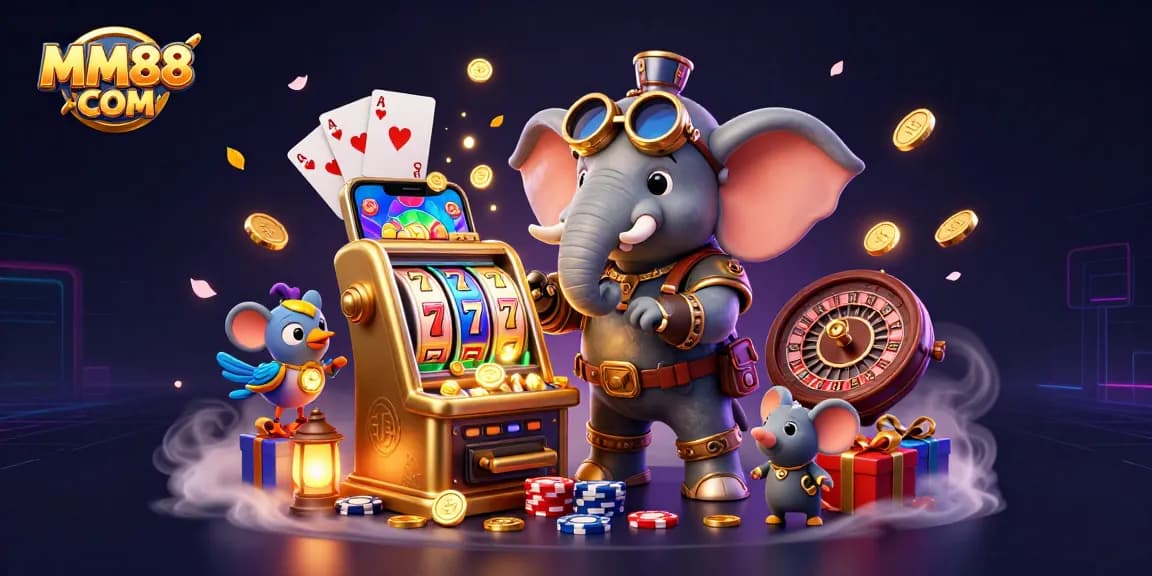 Experience excitement with MM88 COM: a steampunk elephant operating a golden slot machine with engaging game elements.