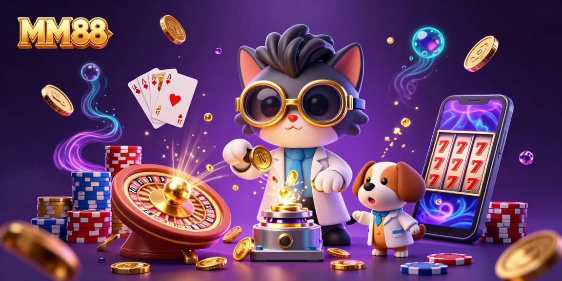 Engage with MM 88’s dynamic digital casino scene featuring 3D characters creating a gold-coin machine.