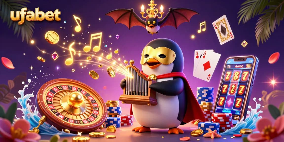Experience thrilling gameplay at ufabet with a vibrant scene portraying a penguin organist and playful casino elements.