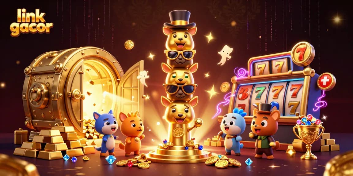 Engage with the exciting link gacor scene filled with gold and slot machine elements in a vibrant 3D illustration.