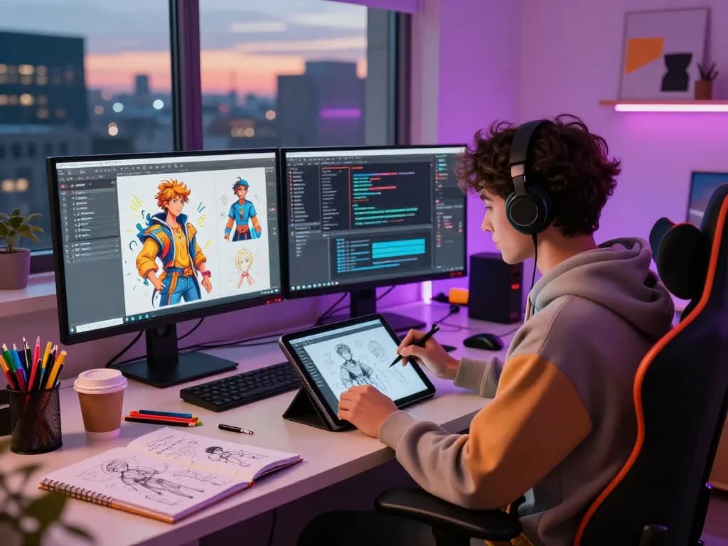 Creative NSFW AI character design session in vibrant digital art studio