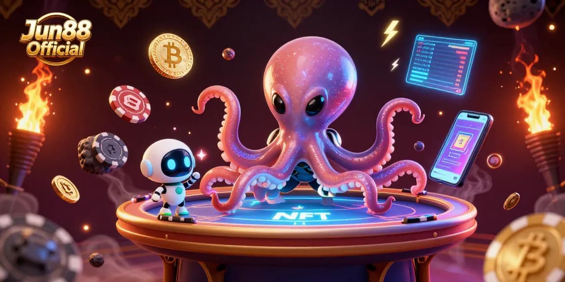 Experience thrilling gaming with Jun88 Official's vibrant 3D casino scene showcasing alien octopus and crypto elements.