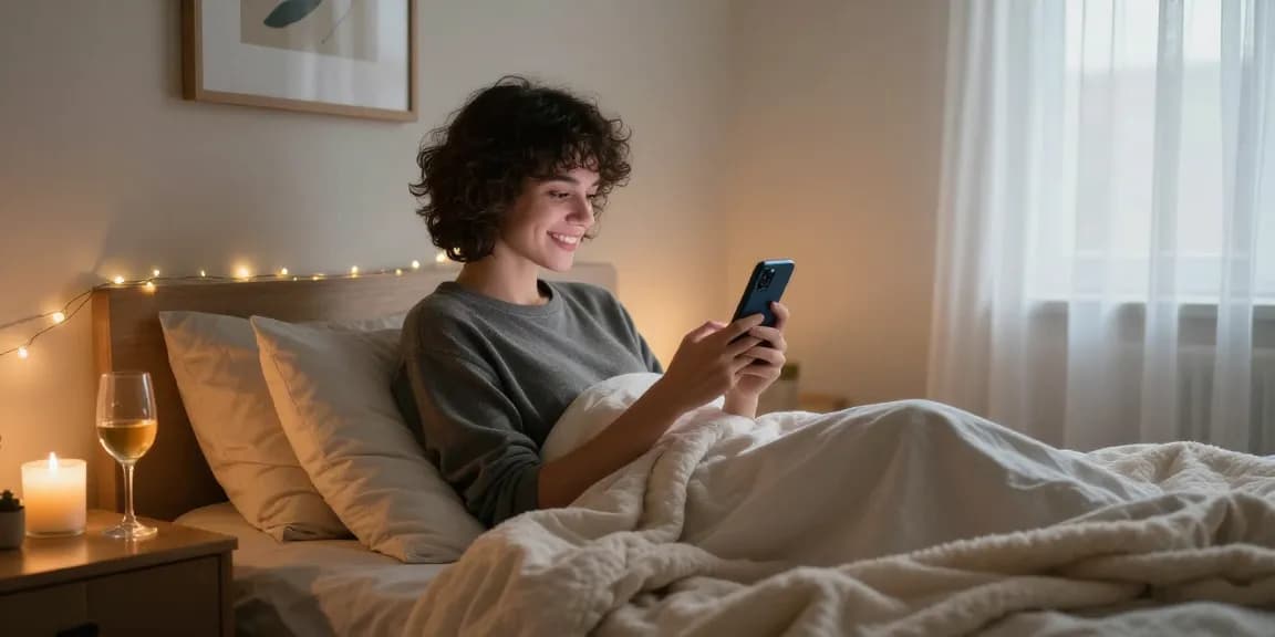 Engaging in sexting ai conversation in a cozy bedroom setting.