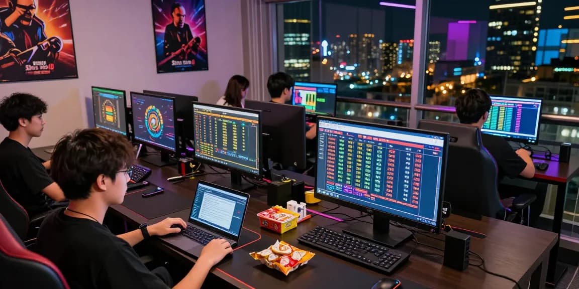 Situs Toto 4D players strategizing in a vibrant online gaming space with screens displaying betting data.