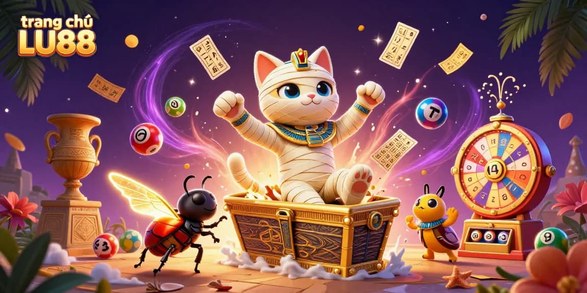 Experience the excitement of trang chủ LU88 with an engaging 3D illustration featuring a mummy cat in a vibrant casino.