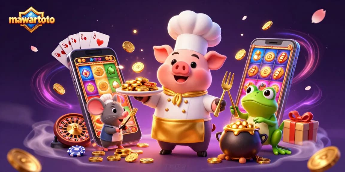 Mawartoto menghadirkan chef babi 3D yang menyajikan koin emas sebagai gourmet, dikelilingi elemen kasino.