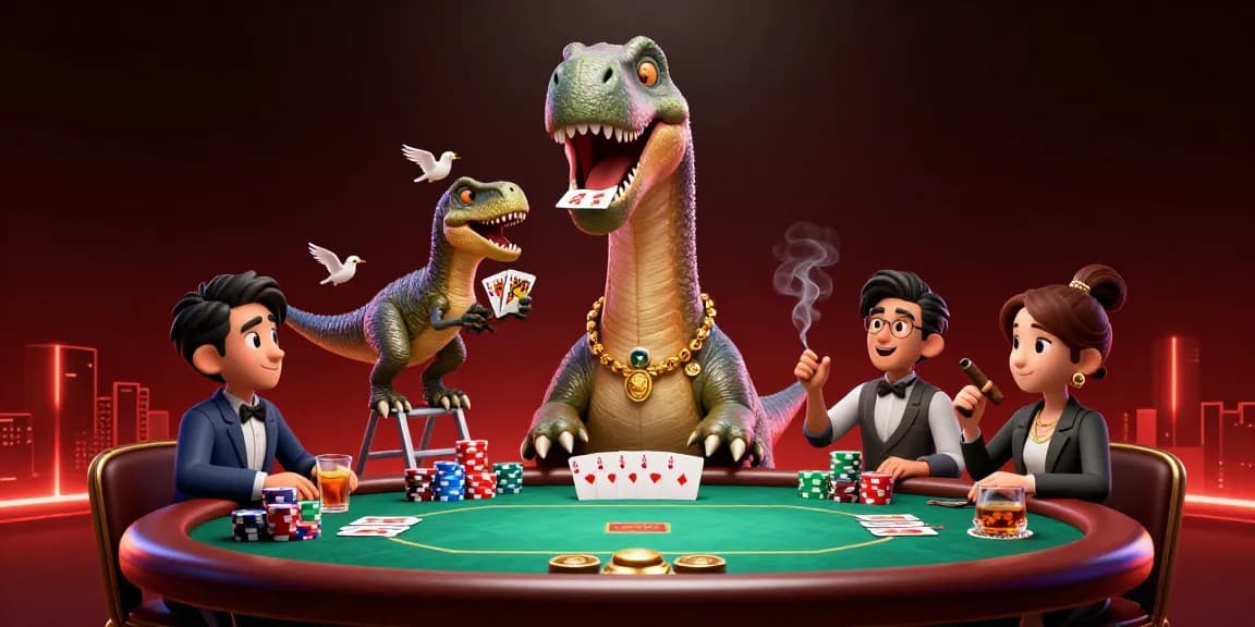 MM88 players experience thrilling poker action with a giant brontosaurus dealer and vibrant casino atmosphere.