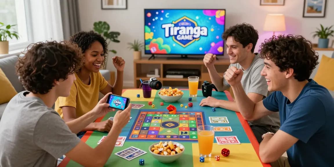 Tiranga Game Login scene showcasing friends engaging in vibrant online gaming session together, celebrating wins in a lively modern setting.