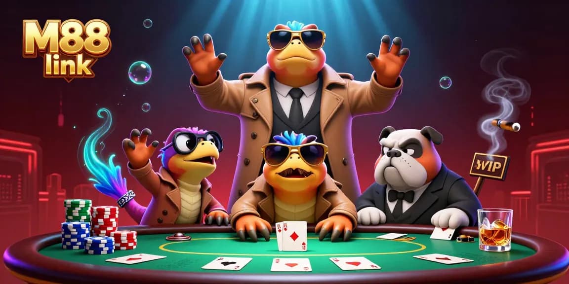 Experience thrilling gameplay at M88 link with cartoon raptors in a trench coat at a VIP casino lounge.