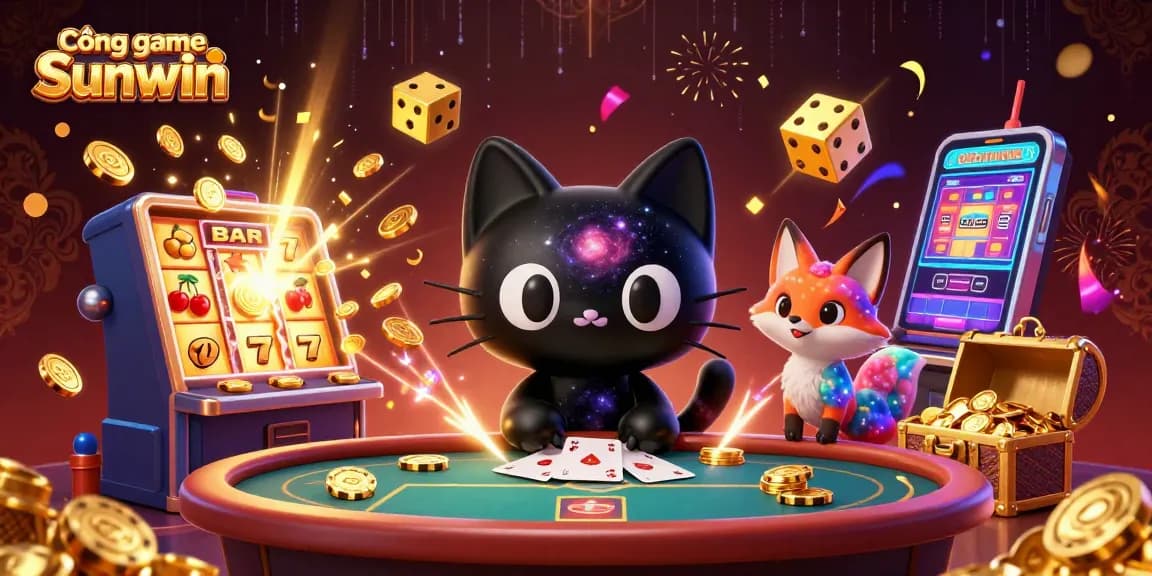 Cổng game Sunwin showcases an impressive cosmic casino scene with vibrant characters pulling in chips, celebrating big wins.