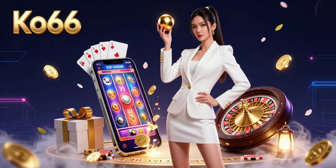 Engage in thrilling games at Ko66 with a stunning casino-inspired illustration showcasing slots and roulette.