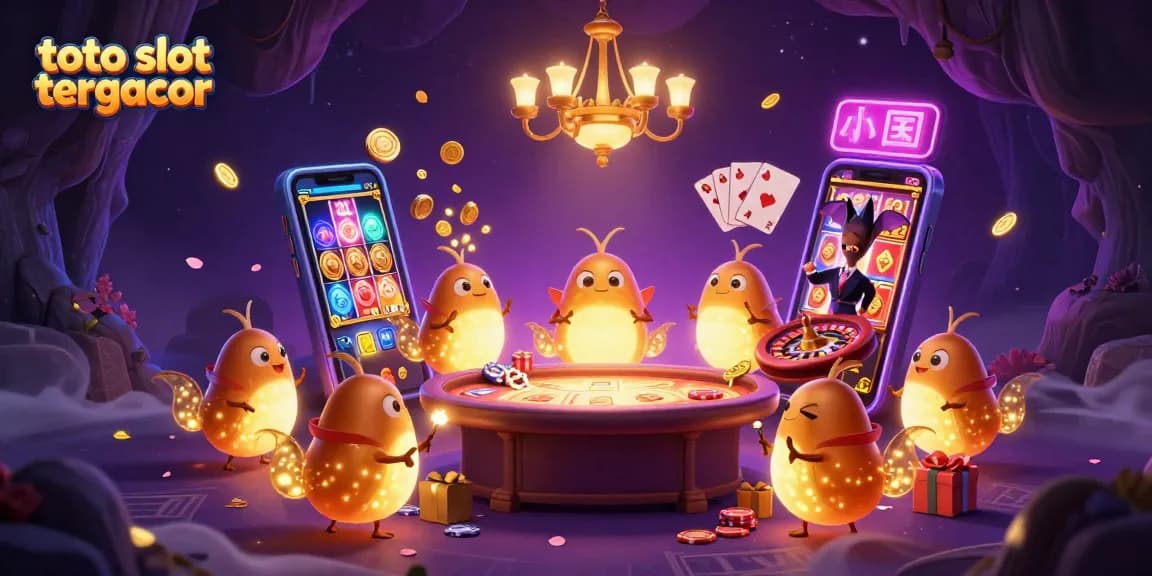Experience thrilling moments with toto slot tergacor in a vibrant cave casino illuminated by glowing characters.