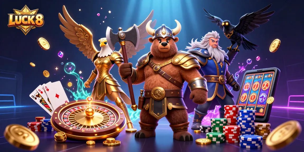ENGAGE in the excitement of LUCK 8 with a dynamic casino-themed illustration featuring vibrant characters and game elements.