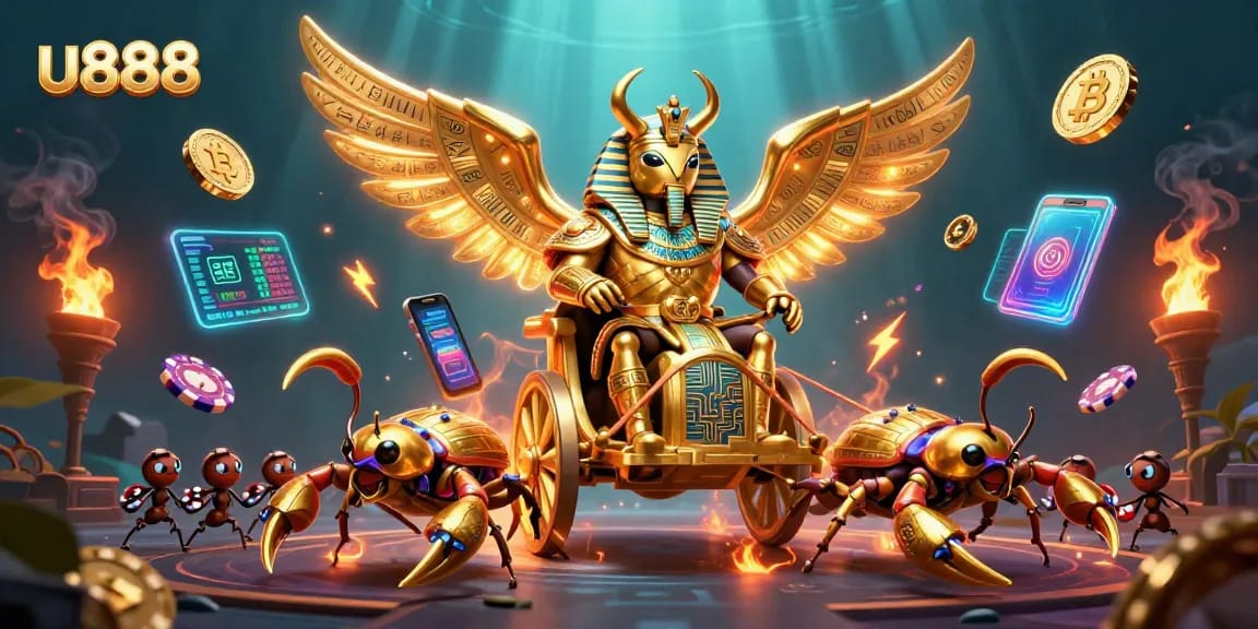 Engage in thrilling casino action with u888's vibrant 3D illustration showcasing golden characters and crypto elements.