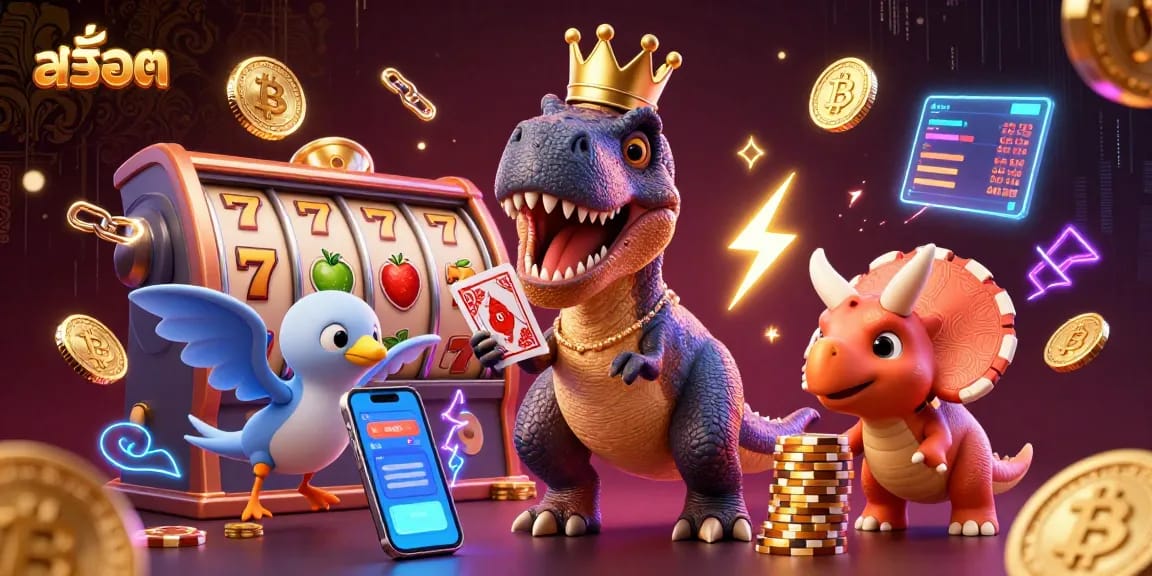 Engage withสล็อต in a vibrant 3D scene showcasing a T-Rex card shuffling with a pterodactyl assistant.