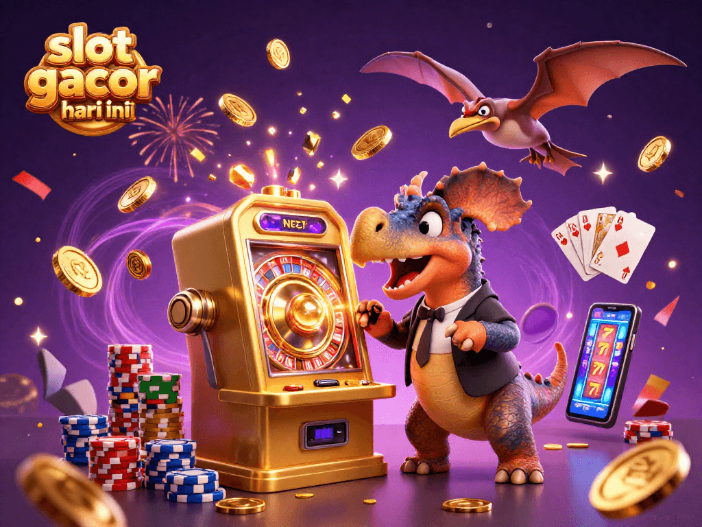 Experience the excitement of slot gacor hari ini as a pachycephalosaurus triggers a jackpot, surrounded by flying coins and casino elements.