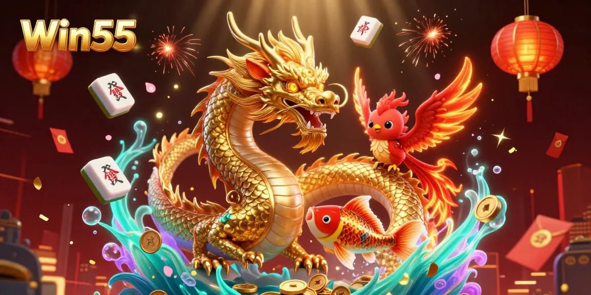Win55: Engage in exhilarating gameplay with stunning visuals featuring a dragon, phoenix, and koi fish.