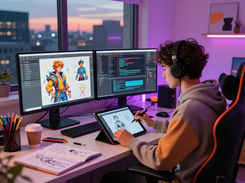 Creative NSFW AI character design session in vibrant digital art studio