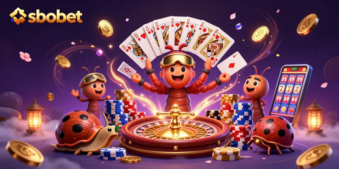 SBOBET sports betting illustration depicting a millipede dealer and a high-roller snail surrounded by casino elements