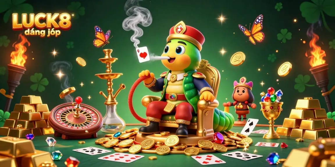 Experience LUCK8 đăng nhập thrills with a vibrant casino scene filled with poker symbols and gold treasures.