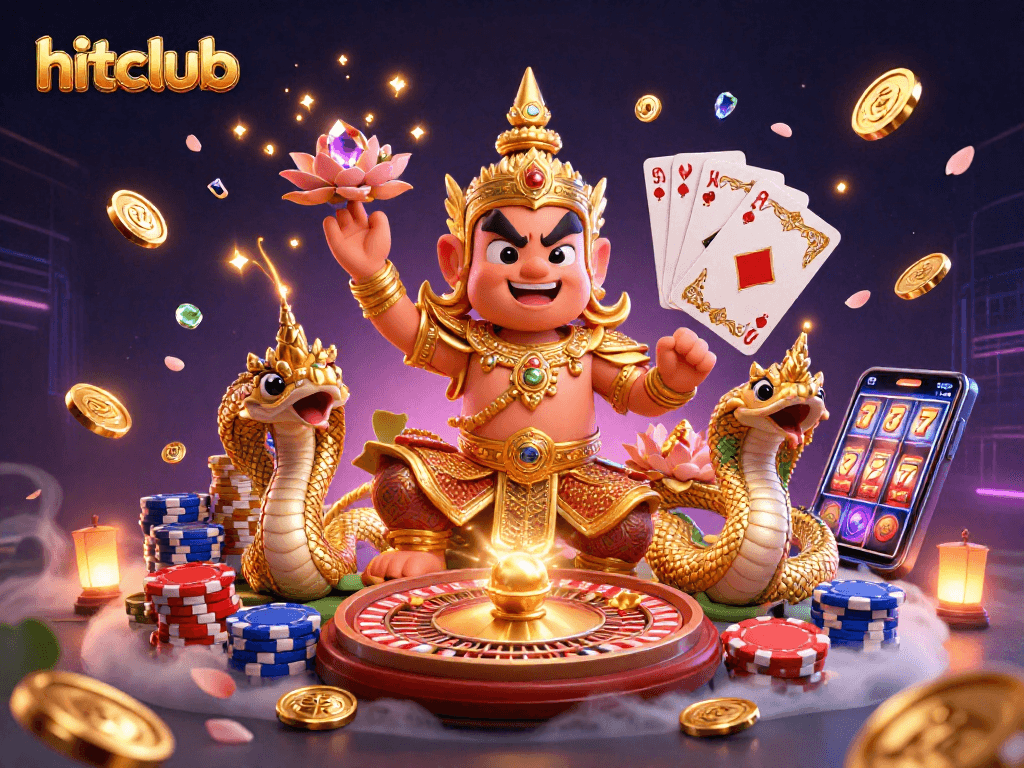 Experience the thrill of games at hitclub with vibrant 3D characters, golden coins, and roulette excitement.