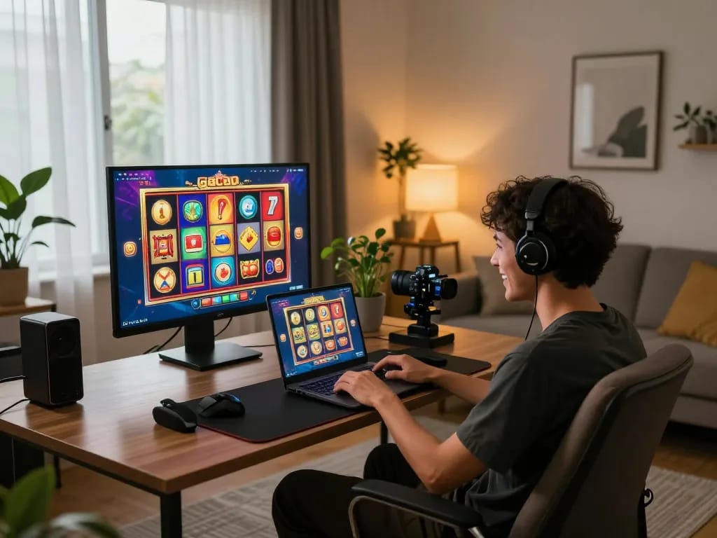 Pemain antusias menang di permainan slot gacor yang ditampilkan di layar laptop di setting rumah yang nyaman