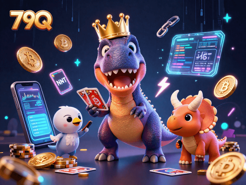 79Q apresenta um T-Rex e amigos em uma cena vibrante de cassino, jogando cartas e empilhando fichas.