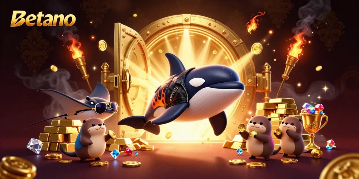 Betano's thrilling adventure with a cartoon orca, stingray, and otters amidst golden treasures.
