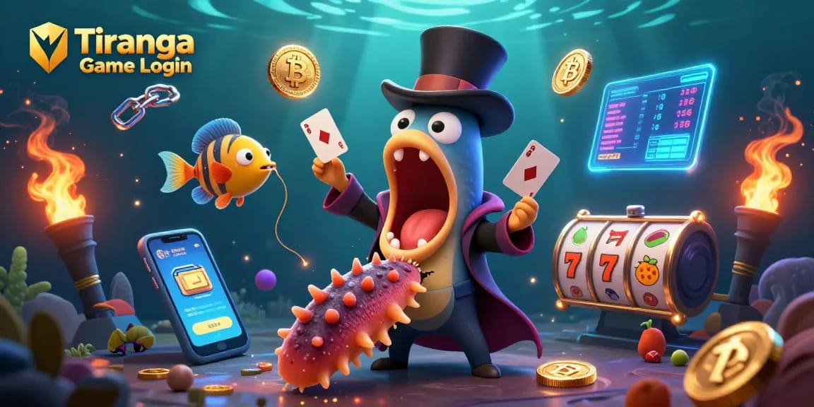 Tiranga Game Login features a vibrant underwater casino scene with unique sea characters performing card tricks and dynamic game elements.