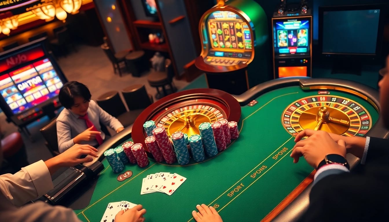KJC casino scene showcasing a luxurious poker table with vibrant chips and cards in play.