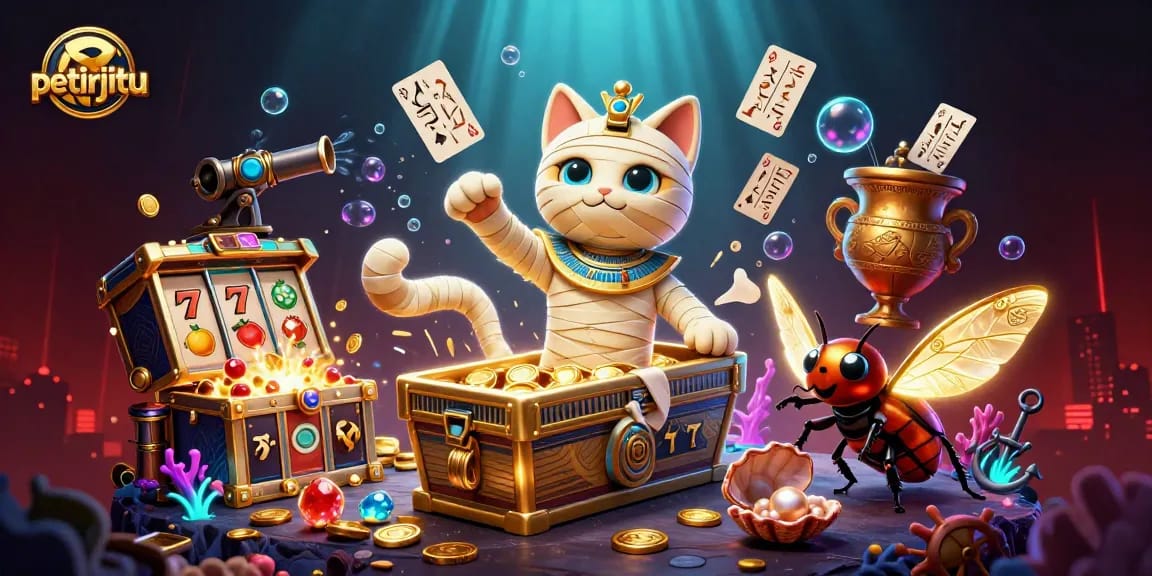 Petirjitu menghadirkan muatan penuh keberuntungan di kasino virtual dengan simbol slot berkilau.