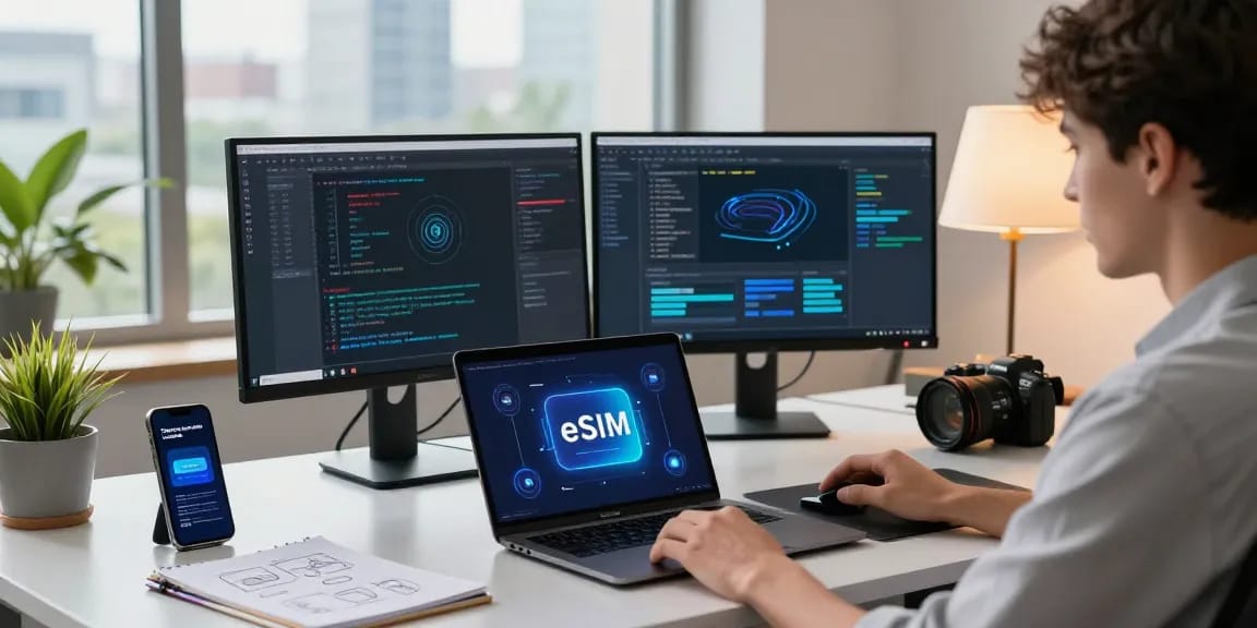 מה זה בעצם eSIM? טכנולוגיית eSIM במשרד מודרני עם מחשבים, טלפון חכם ותצוגות נתונים.