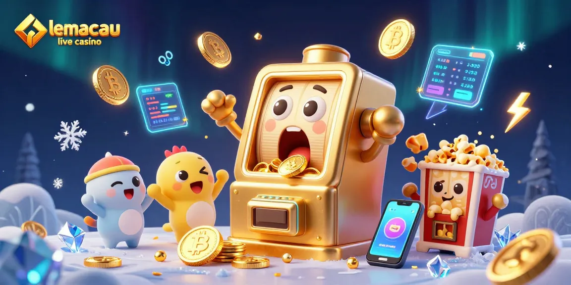 Experience excitement at lemacau live casino as a golden slot machine hits a jackpot, surrounded by cheering friends.