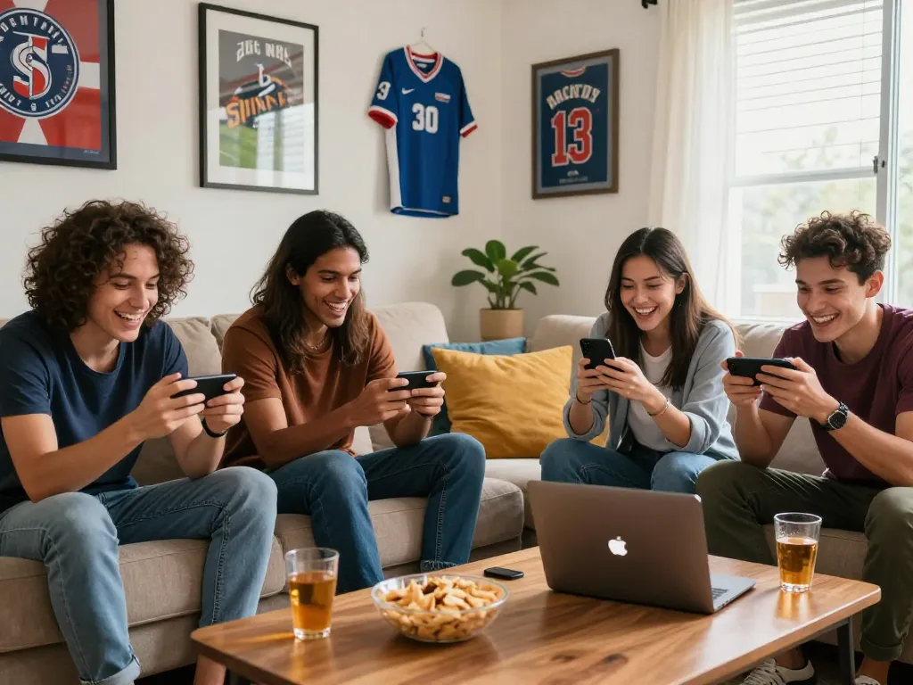 Friends celebrating while using link vào onbet for online sports betting at home.