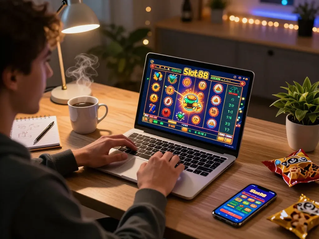 Engaged player enjoying Slot88 on laptop amidst strategy notes in cozy home office.