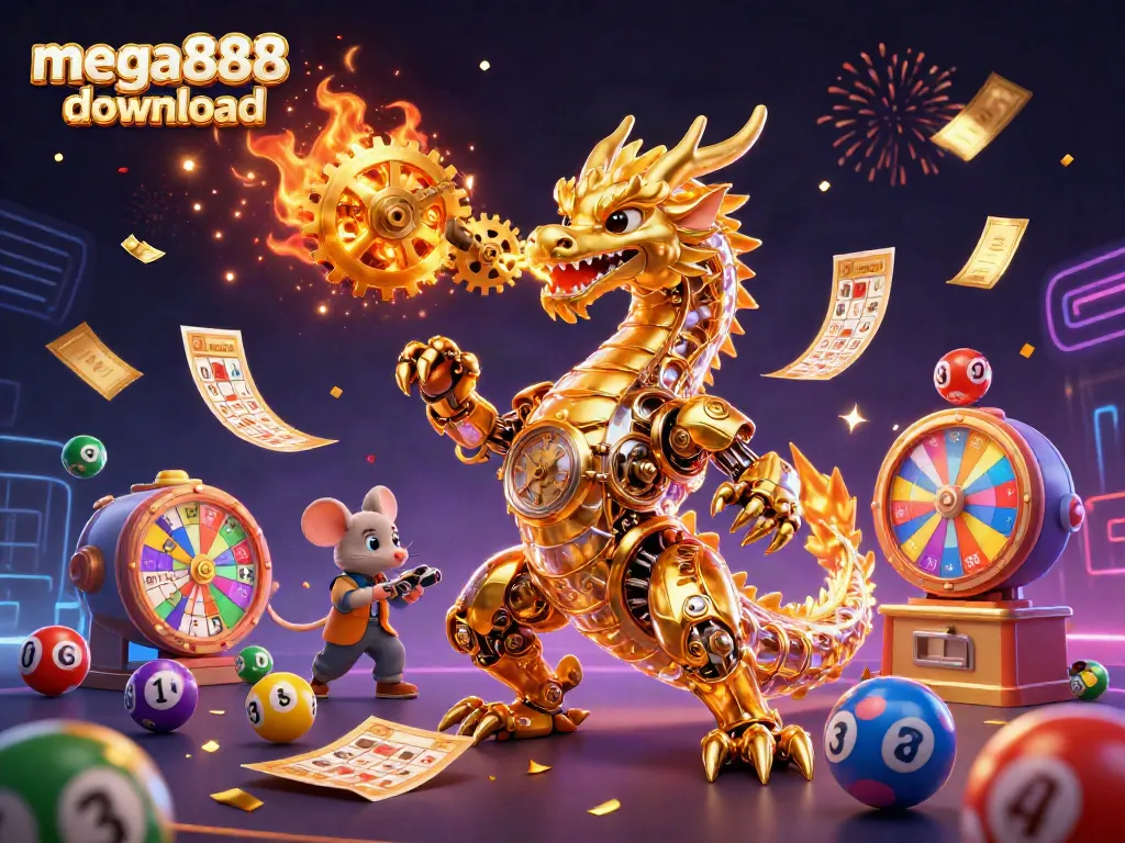 Mega888 download with animated dragon, engineer, and vibrant casino elements in a dynamic online scene.