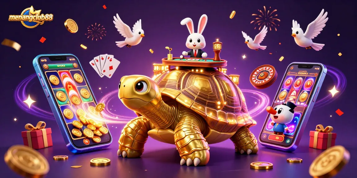 Experience the excitement of menangclub88 with golden tortoise, rabbit dealer, and flying coins!