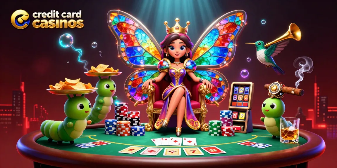 Engage with exciting credit card casinos featuring a vibrant 3D butterfly queen and colorful game elements.