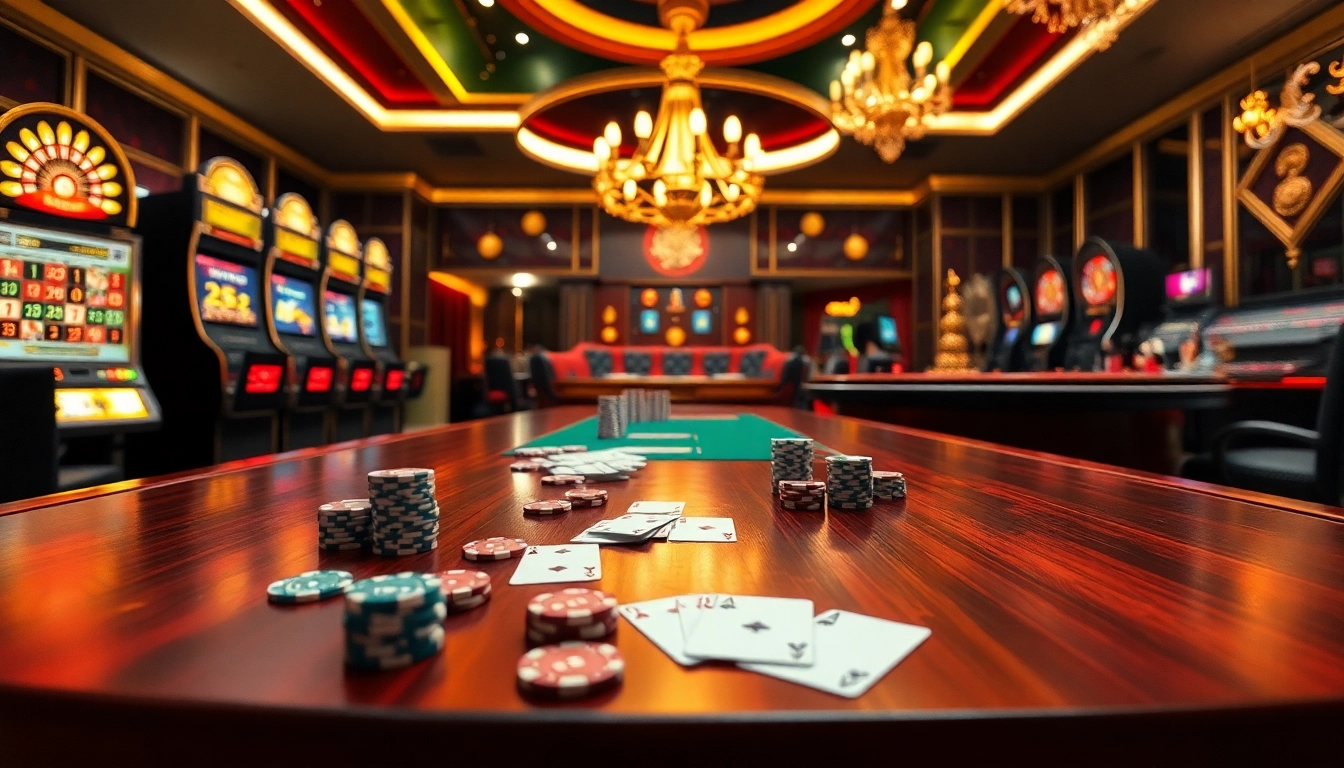 Experience thrilling online gambling at https://lc88pro.com/ with luxurious casino gaming visuals featuring slot machines and roulette tables.