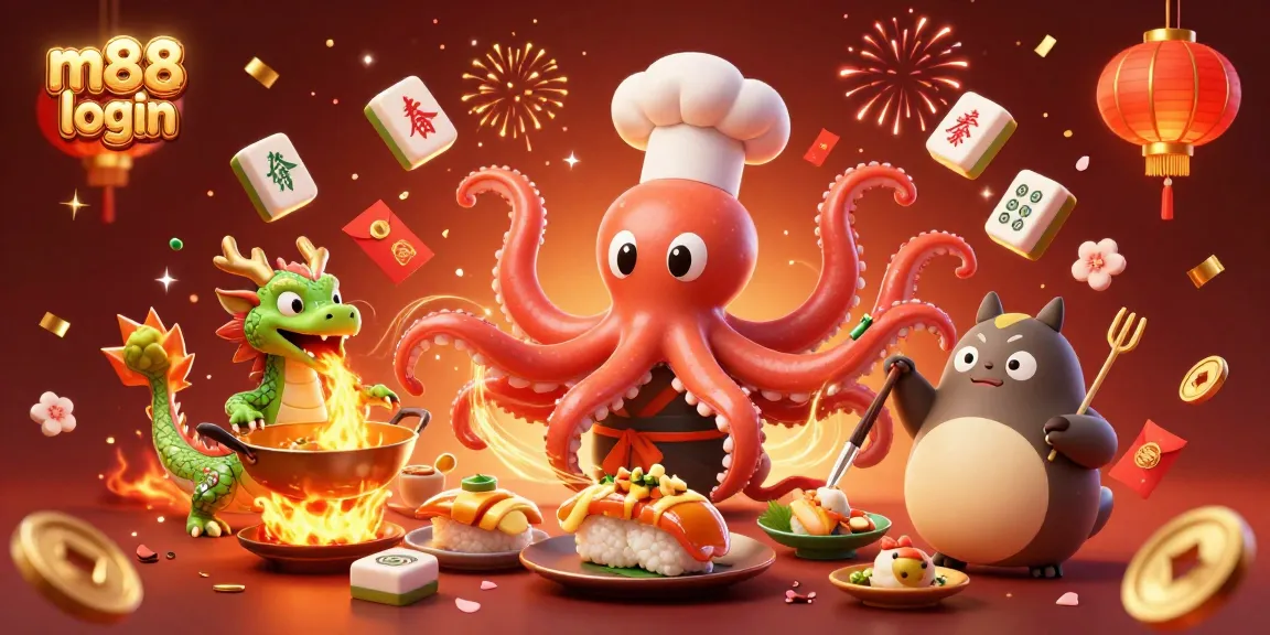 Engage with m88 login through an exciting 3D casino scene featuring a sushi chef octopus, dragon, and tanuki.