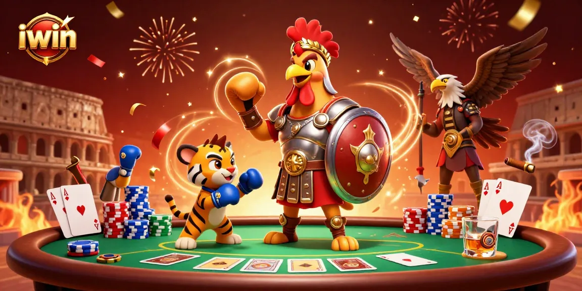 Experience the excitement of iwin with a gladiator rooster and tiger cub sparring in a vibrant casino scene.