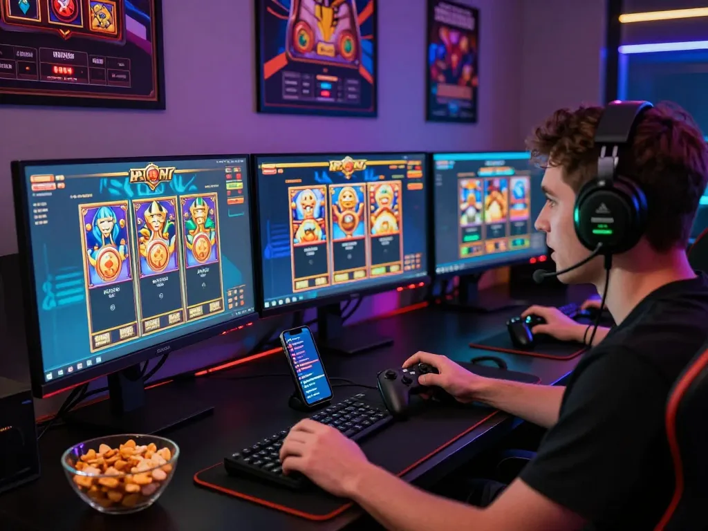 Player engaging with link gacor slot games on multiple screens in a vibrant gaming setup.